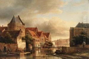 A View In A Town With Figures Along A River