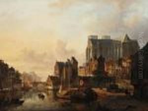 View Of A Town Along A Canal With Numerous Figures On A Quay