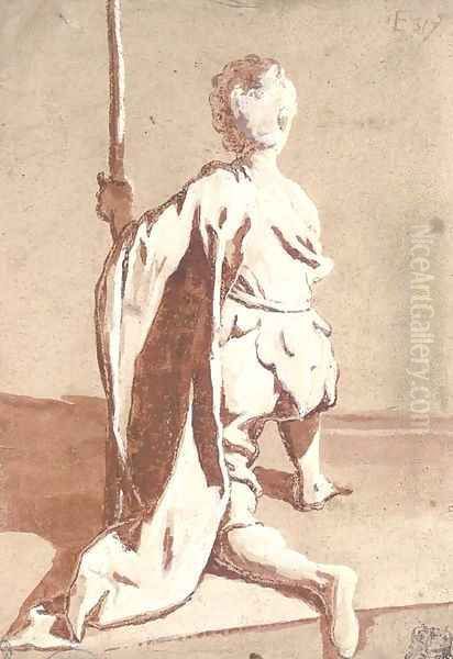 A kneeling young man seen from behind, holding a staff - view 1