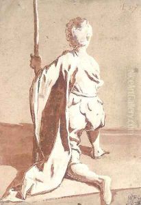 A kneeling young man seen from behind, holding a staff