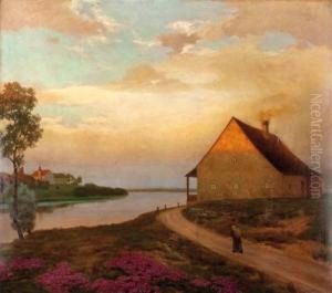 Heimkehrende Bauerin Zu Einem Am Fluss Gelegenen Bauernhaus by Eduard Kasparides
