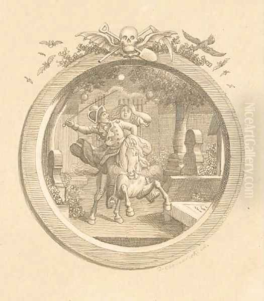 Wilhelm and Leonore galloping through a graveyard, an illustration to Butrger's Leonore, in a trompe l'oeil frame surmounted by macabre symbols - view 1