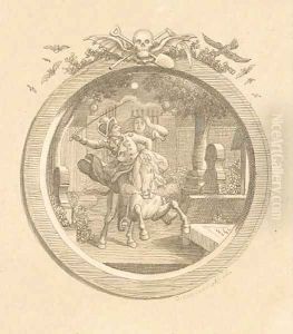 Wilhelm and Leonore galloping through a graveyard, an illustration to Butrger's Leonore, in a trompe l'oeil frame surmounted by macabre symbols Wilhelm and Leonore galloping through a graveyard, an illustration to Butrger's Leonore, in a trompe l'oeil frame surmounted by macabre symbols