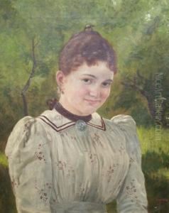 Portrait Of A Lady Half-length In A White Dress With Woodland Beyond Portrait Of A Lady Half-length In A White Dress With Woodland Beyond