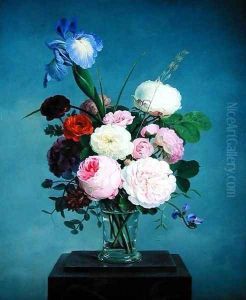 Roses and an Iris in a Glass Vase on a Marble Plinth