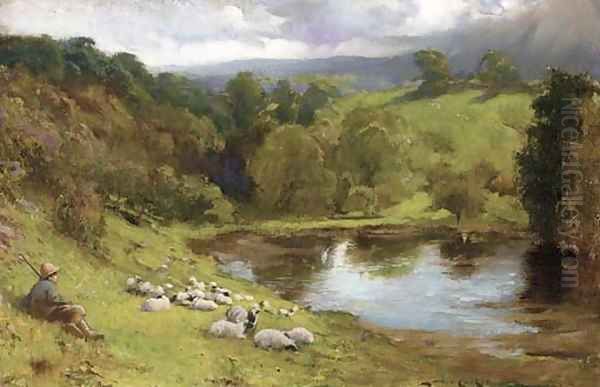 A shepherd resting with his flock by a lake - view 1