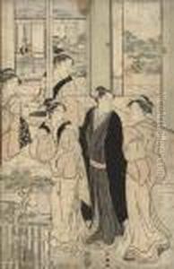 A Print Depicting A Gentleman And Group Of Courtesans On A Terrace