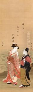 Geisha And Attendant By A River by Katsukawa Shuncho