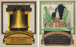 Two Advertisements: Liberty Bell With Freedom Hall. by Edward Mcknight Kauffer