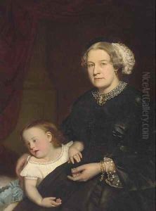 Portrait of a mother and child, seated three-quarter-length, the mother in a black dress with lace trimming, her daughter by her side by Hugh Collins