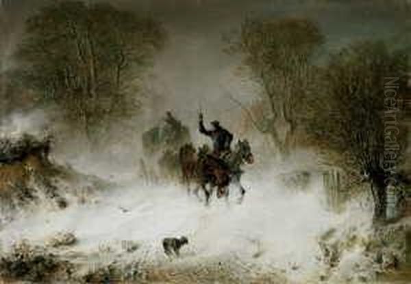 Der Vorspann. Winterlandschaft Mit Von Sechs Pferden Gezogener Postkutsche. - view 1