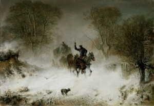Der Vorspann. Winterlandschaft Mit Von Sechs Pferden Gezogener Postkutsche. by Hermann Kauffmann