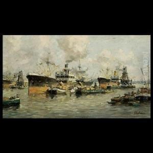 Kaufman.californian . View Of A 
Busy Port. Oil On Canvas. 10 X17 3/4 Inches. Signed Lower Right: F. 
Kaufman by Ferdinand Kaufmann