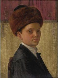 Portrait Of A Yeshiva Boy Wearing A Streimel, In Front Of A Torah Ark Curtain
