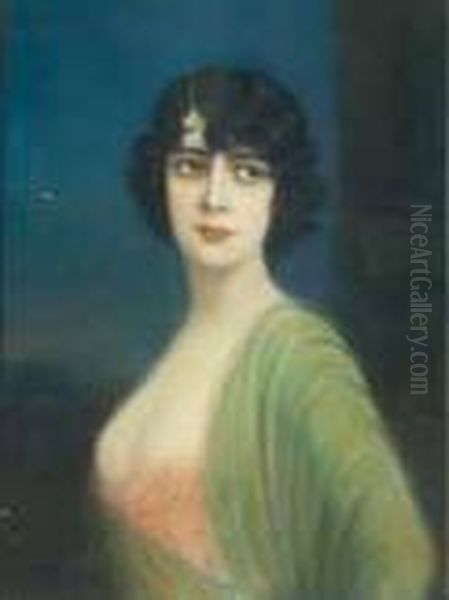Dark Haired Beauty In Pink With Green Shawl - view 1