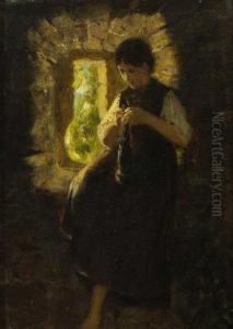 Strickendes Dirndl Am Fenster. by Hermann Kaulbach