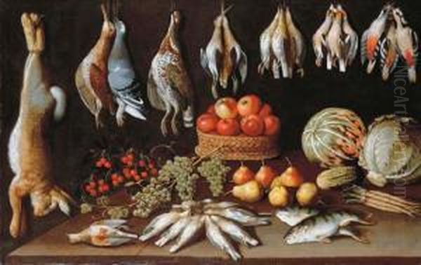Apples In A Wicker Basket, With
Pears, Grapes, Cherries, A Gherkin, A Lettuce, A Melon, Dead Birds And
Fish On A Wooden Ledge, With A Rabbit, Woodcocks, A Pigeon And Other
Birds Hanging From Twine - view 1