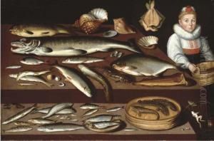 A Table Laden With A Salmon,
Cod, A Blond Ray, Pike, Herring And Other Fish And Shells With A Girl
Holding A Wooden Pail by Albrecht Kauw