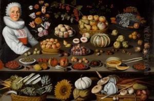 Large Still Life With Seated Woman. by Albrecht Kauw