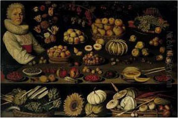 Still Life Of A Young Woman
Sitting With A Vase Of Flowers Next To A Table Laden With Fruit,
Vegetables And Nuts - view 1