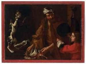 A Fishmonger With A Boy And A Cat Weighing Ham by Bernhard Keil, Monsu Bernardo