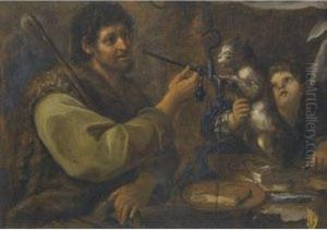 A Shepherd Weighing A Slice Of Ham, Beside A Cat And A Youngboy