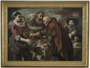 A Roman Street Scene With 
Peasants Eating And Drinking, Possibly Representing The Five Senses by Bernhard Keil, Monsu Bernardo