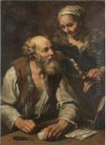 An Interior With An Elderly Lady
 Holding A Candle Looking Over The Shoulder Of An Elderly Gentleman 
Seated At A Table