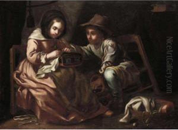 An Interior With A Young
Seamstress Together With A Young Boy Carrying A Brazier, Possibly An
Allegory Of Winter - view 1