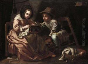 An Interior With A Young 
Seamstress Together With A Young Boy Carrying A Brazier, Possibly An 
Allegory Of Winter