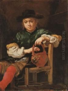 A Boy Seated Holding A Red Pot With His Left Hand A Boy Seated Holding A Red Pot With His Left Hand