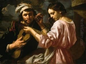 A Young Man And A Girl Tuning Musical Instruments by Bernhard Keil, Monsu Bernardo