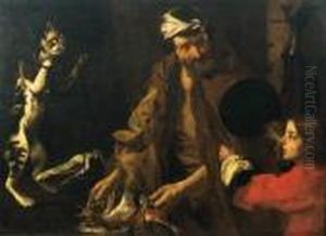 A Fishmonger, A Boy And A Cat Weighing A Piece Of Ham On A Set Ofscales by Bernhard Keil, Monsu Bernardo