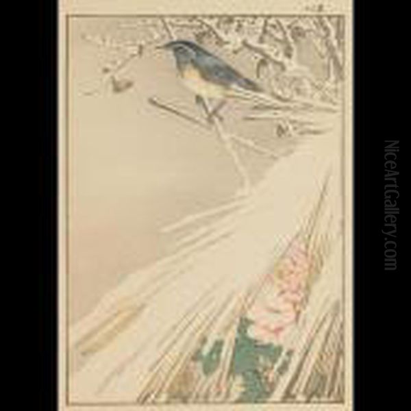 Bluebird On Peony In Snow - view 1