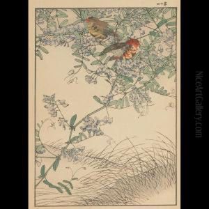 Finches On Pea Vine by Imao Keinen