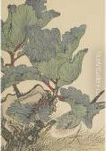 Blue Winged Bird Under Brassica by Imao Keinen