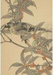 Black And White Bird Amidst Red Berries by Imao Keinen