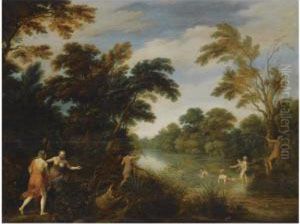 A Wooded River Landscape With Diana And Her Nymphs Bathing by Alexander Keirincx