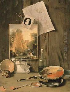 A trompe l'oeil still life of the artist's studio by Antonio Cioci or Ciocchi