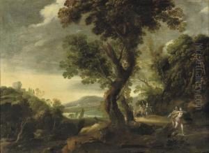 A Wooded River Landscape With Diana And Her Nymphs Hunting by Alexander Keirincx