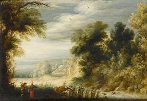 A Wooded River Landscape With A 
Peasant Couplecollecting Wild Produce And Water Beside A Waterfall - view 1