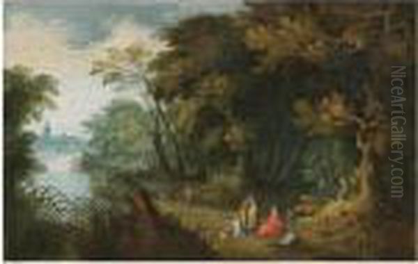 A Wooded River Landscape With Travellers Resting In The Foreground, A Church Beyond - view 1