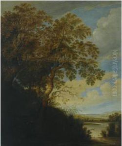A Wooded River Landscape With
Ducks Swimming In The Foreground, An Owl, A Hoopoe And Other Birds In
The Tree by Alexander Keirincx
