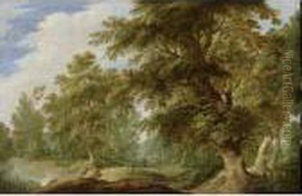 A Wooded Landscape With A Stream And Shepherds With Their Flock On A Path - view 1