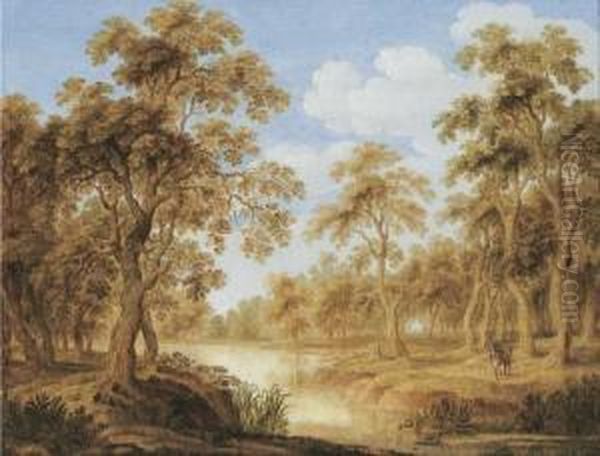 A Wooded Landscape With A Stream And A Stag - view 1