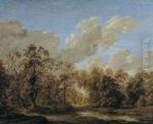 Pond At The Margin Of A Wood And Figures On A Track
