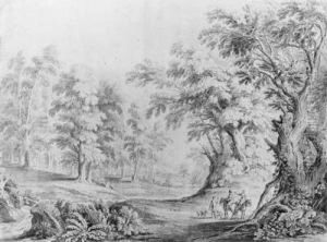 A Wooded River Landscape With An Elegant Couple On Horsebackdirecting A Man With Dogs by Alexander Keirincx