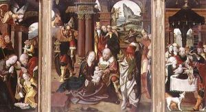 Triptych:The Adoration of the Magi (central panel), The Nativity (LH panel), The Presentation in the Temple (RH panel) by Follower of Pieter Coeck van Aelst