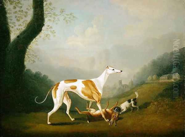 Greyhound with a Spaniel Puppy and Dead Hare - view 1
