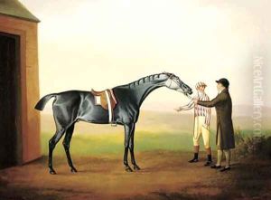 Racehorse with jockey and groom